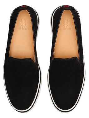 bill blass Black Suede Slip-On Loafers with White Trim